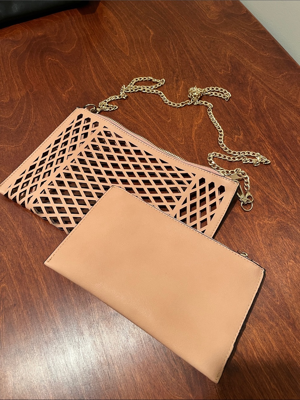Madison West Peach Laser-Cut Clutch with Removable Gold Chain and Wallet